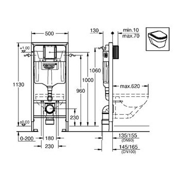 Инсталляция с клавишей смыва Grohe Rapid SL 38721001 с унитазом Villeroy & Boch O'Novo 5660H101 с сиденьем микролифт