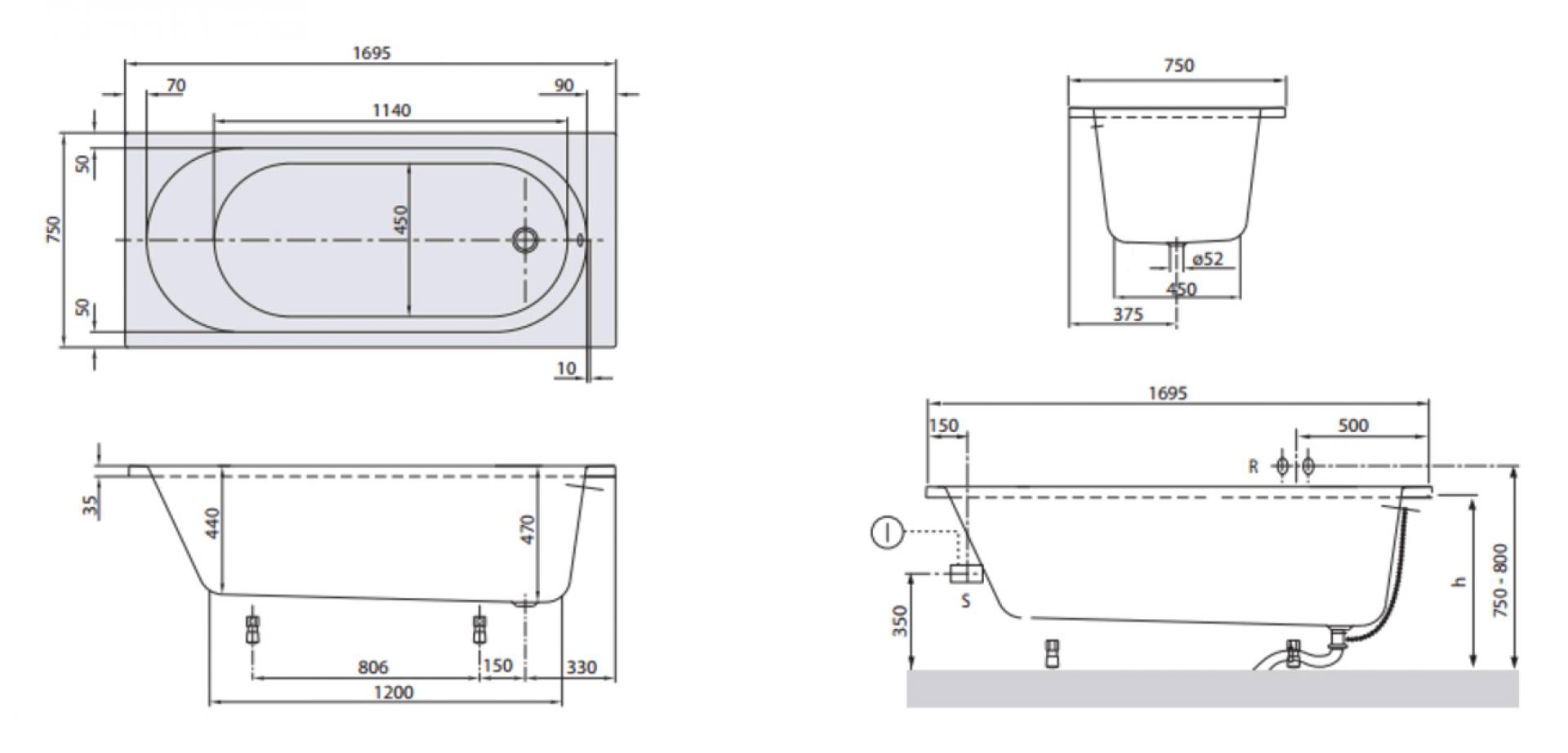 Акриловая ванна 170х75 Villeroy & Boch O.NOVO UBA170CAS2V-01 SOLO 170