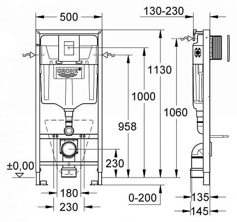 Инсталляция Grohe 38775001, с безободковым унитазом Villeroy&Boch Venticello 4611 R0R1, сиденье микролифт, комплект