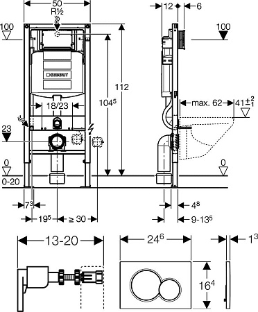 Комплект Система инсталляции для унитазов Geberit Duofix UP320 111.300.00.5 + Подвесной унитаз Villeroy & Boch Venticello 4611RS01 безободковый + Клавиша смыва Geberit Sigma 01 115.770.46.5